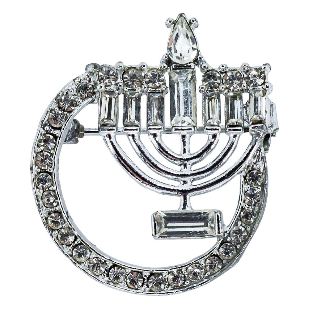 Vintage MCM Judaica Rhinestone Menorah Brooch Silver Tone 1 3/8”